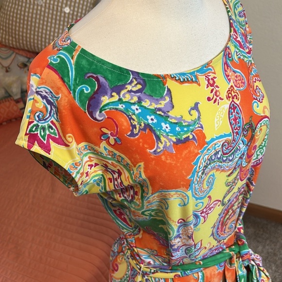 LAUREN RALPH LAUREN Multicolor Paisley Knit Belted Sheath Dress size Medium - Picture 8 of 13